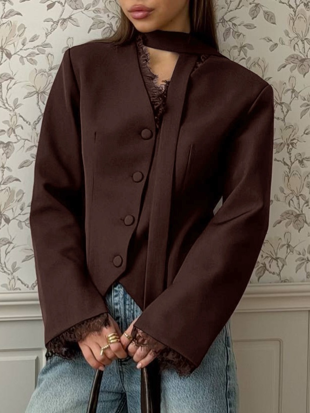 Blazer da donna a maniche lunghe con scollo a girocollo e bordo in pizzo