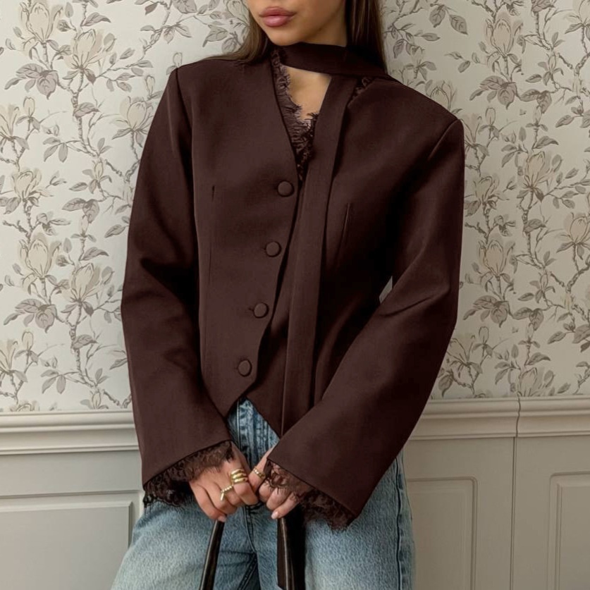 Blazer da donna a maniche lunghe con scollo a girocollo e bordo in pizzo