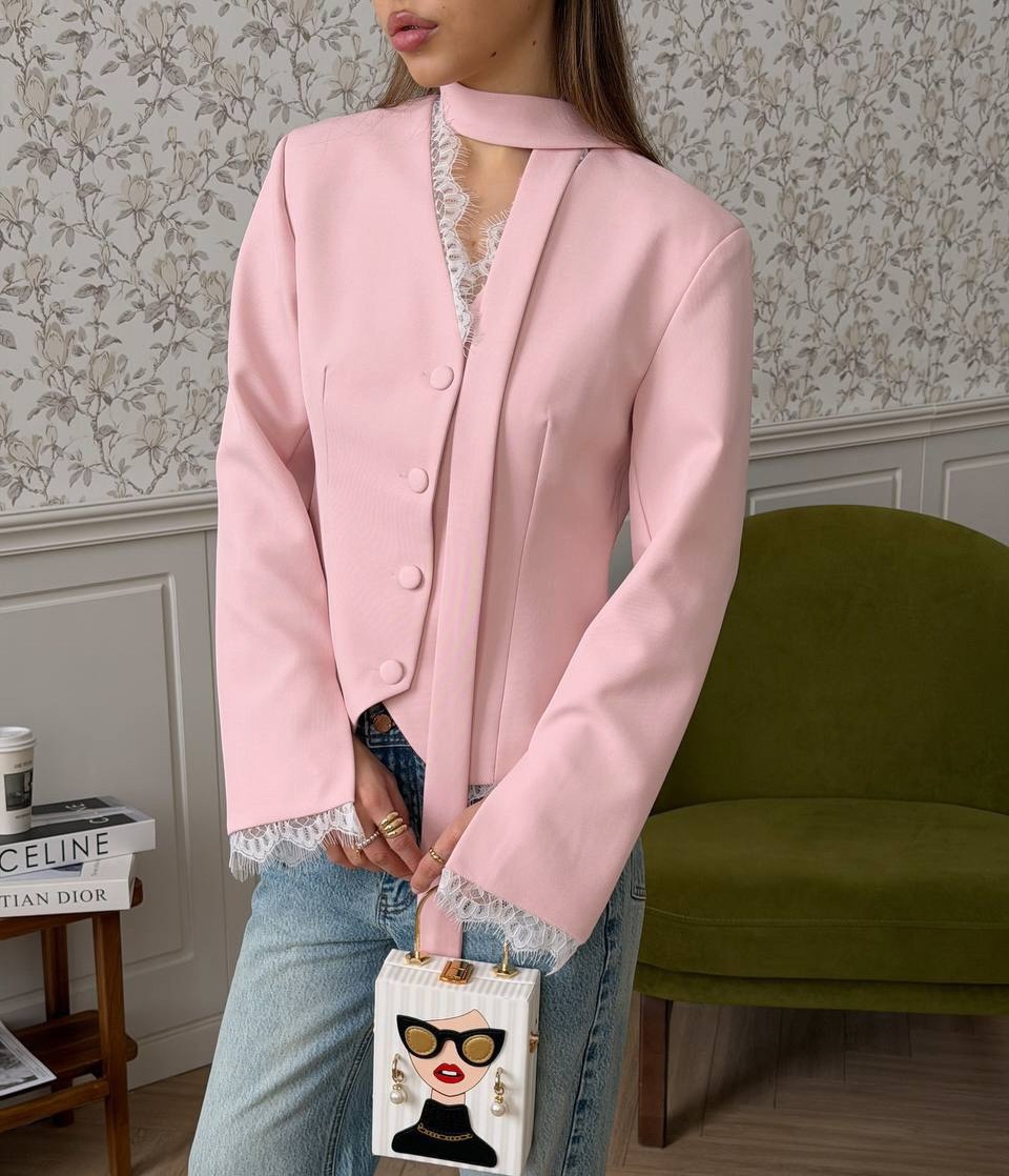 Blazer da donna a maniche lunghe con scollo a girocollo e bordo in pizzo