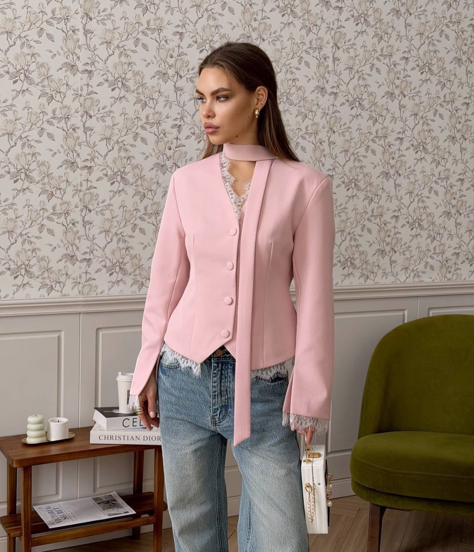 Blazer da donna a maniche lunghe con scollo a girocollo e bordo in pizzo