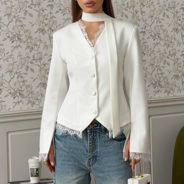 Blazer da donna a maniche lunghe con scollo a girocollo e bordo in pizzo