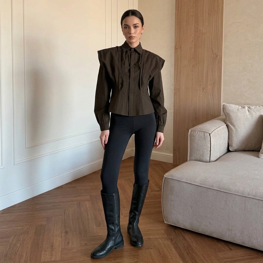 Camicetta da donna a maniche lunghe con pieghe e vita a corsetto