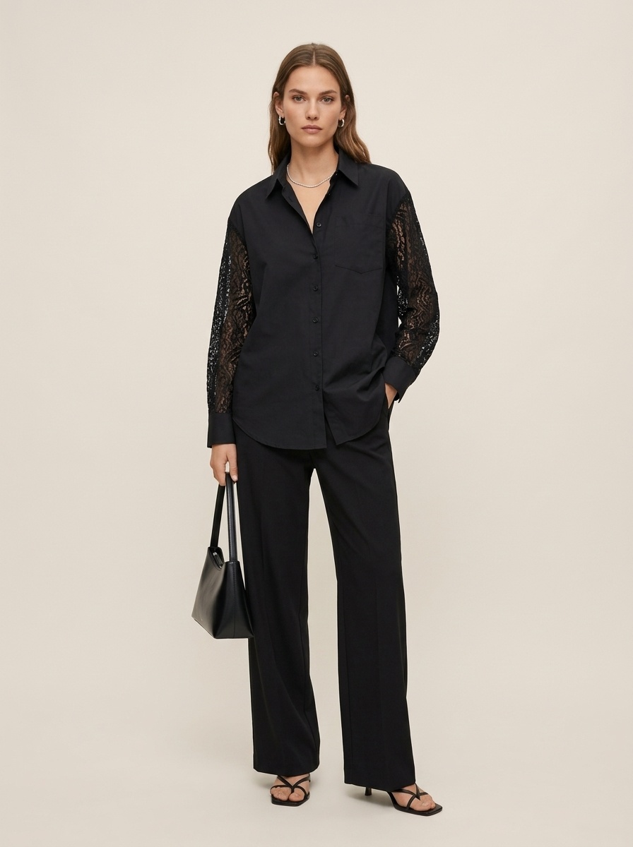 Camicia da donna a maniche lunghe con bottoni e inserti in pizzo a contrasto