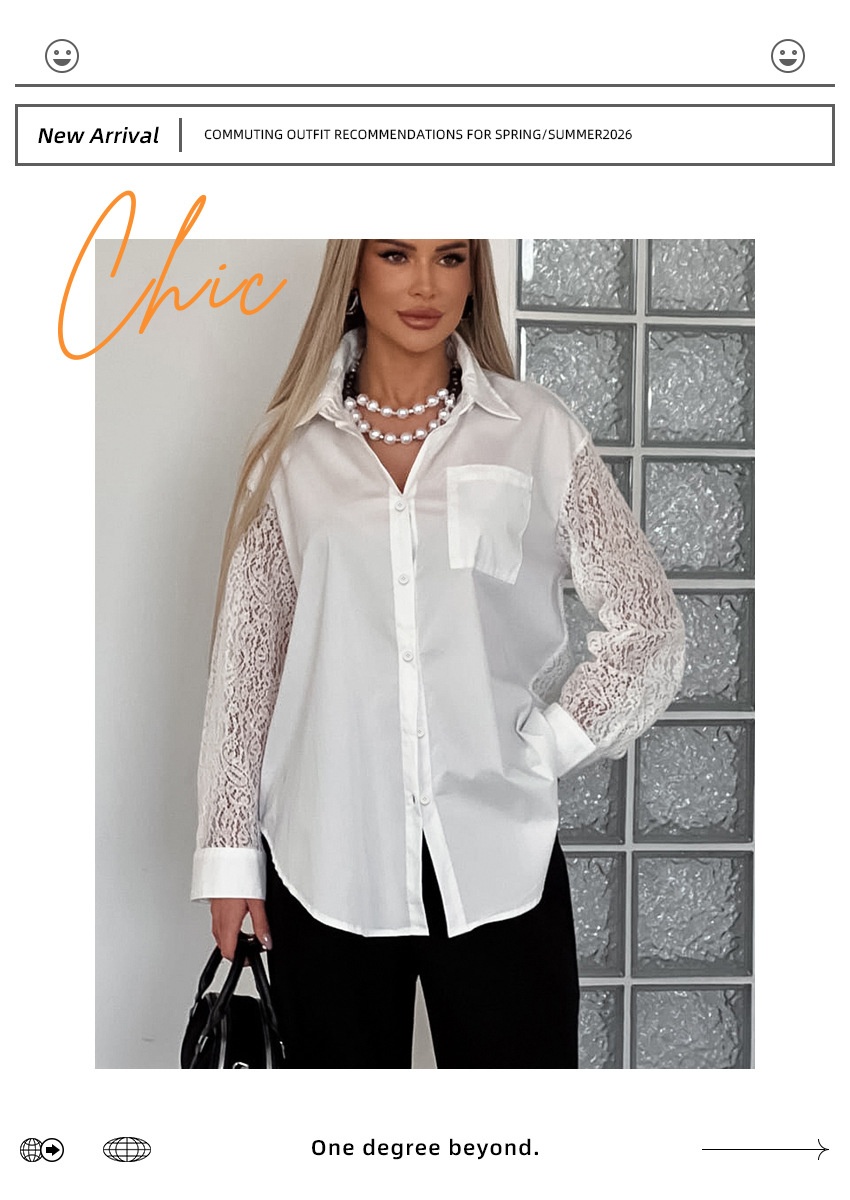 Camicia da donna a maniche lunghe con bottoni e inserti in pizzo a contrasto