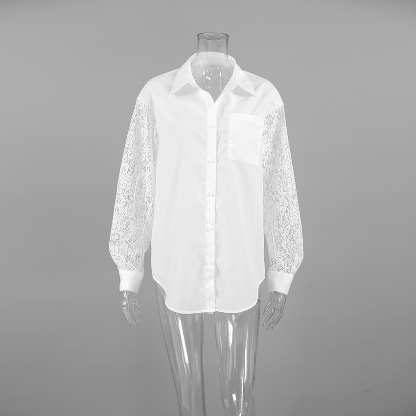 Camicia da donna a maniche lunghe con bottoni e inserti in pizzo a contrasto