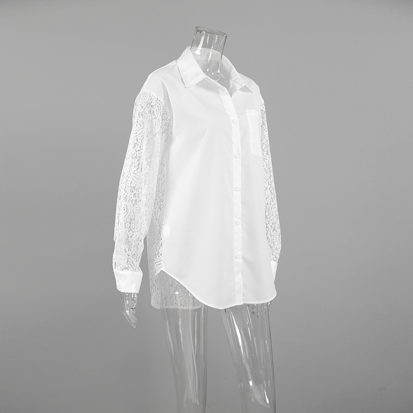 Camicia da donna a maniche lunghe con bottoni e inserti in pizzo a contrasto