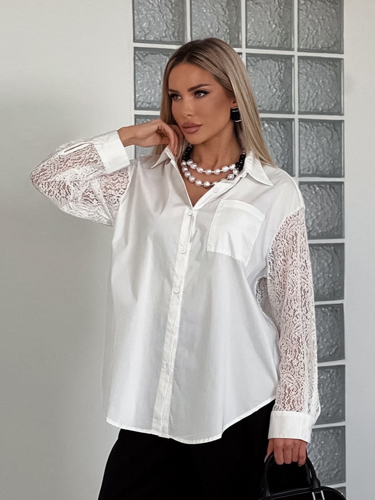 Camicia da donna a maniche lunghe con bottoni e inserti in pizzo a contrasto