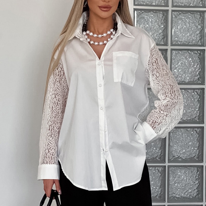 Camicia da donna a maniche lunghe con bottoni e inserti in pizzo a contrasto