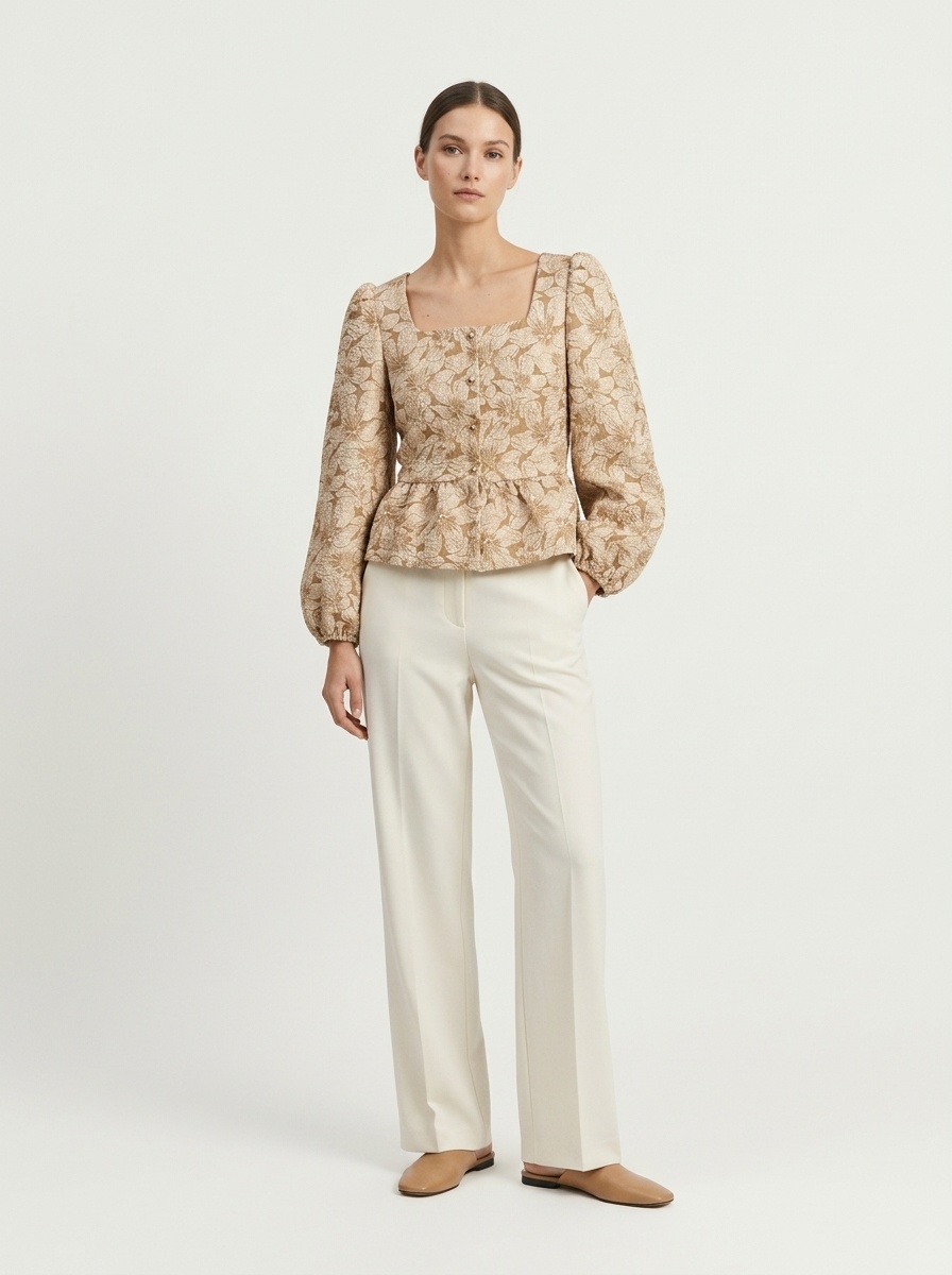 Camicetta peplo con scollo quadrato in jacquard floreale
