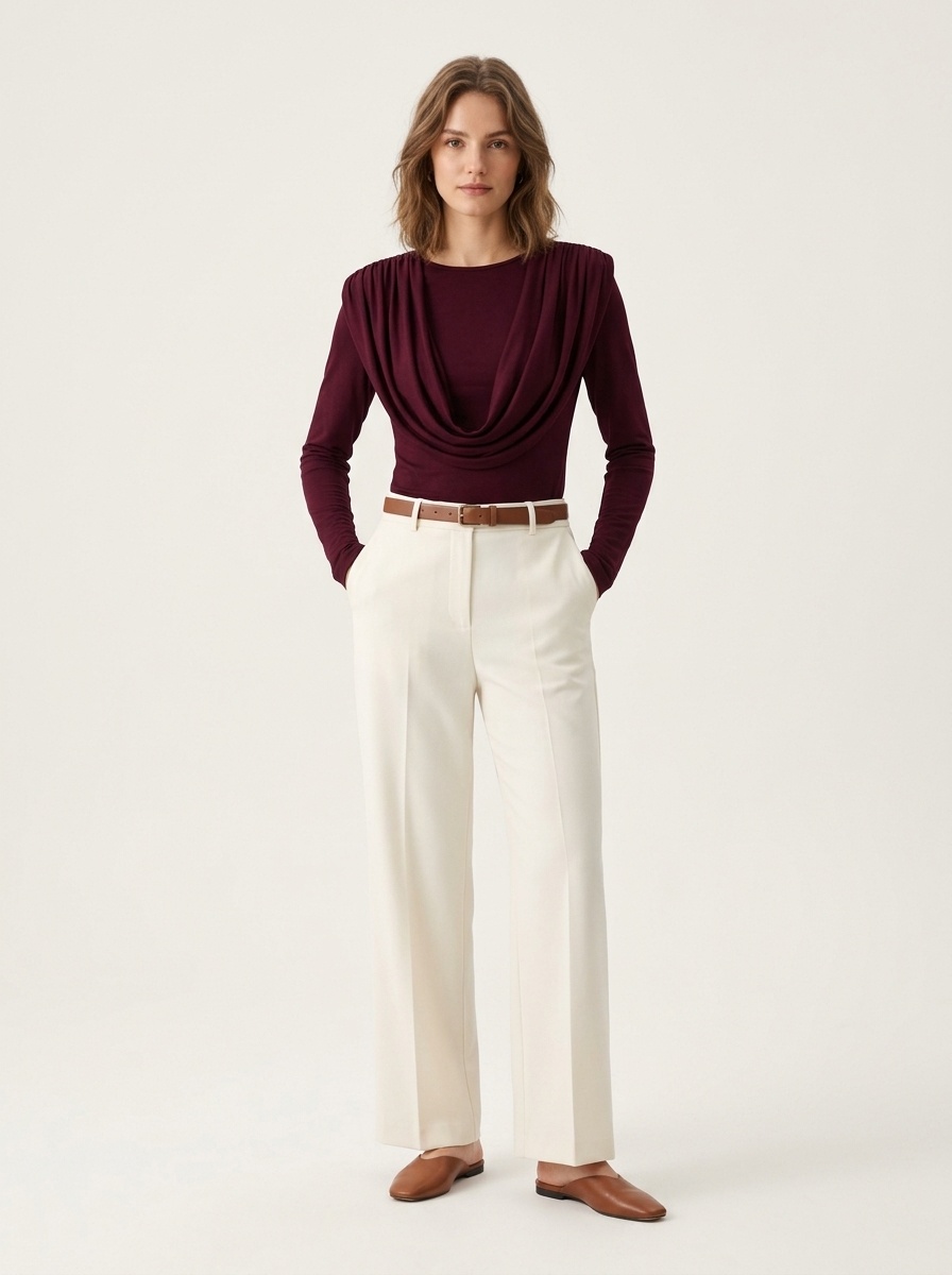 Top a maniche lunghe con scollo a cascata drappeggiato
