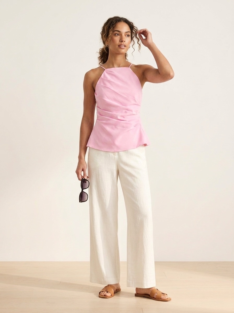 Débardeur rose à basque drapée - Modèle à nouer dans le dos