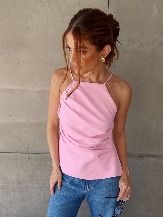 Débardeur rose à basque drapée - Modèle à nouer dans le dos