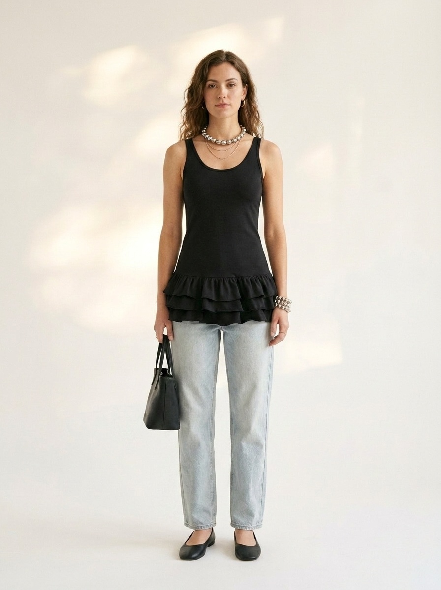 Débardeur chic à ourlet volanté - Noir sans manches à basque