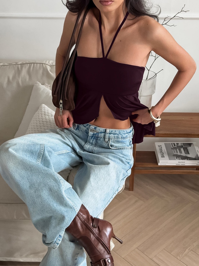 Haut bandeau dos nu à ourlet asymétrique - Cerise noire