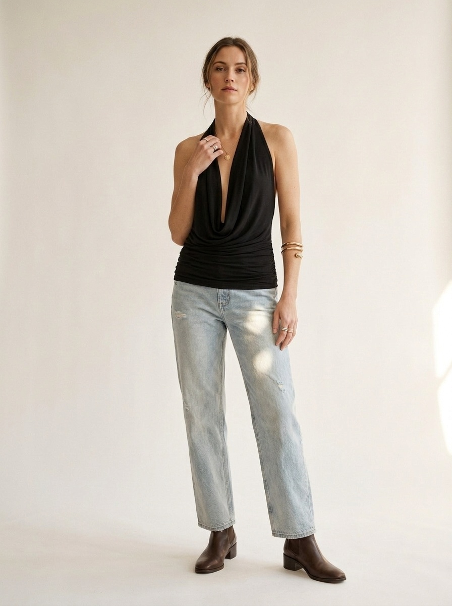 Haut dos nu chic à col bénitier drapé