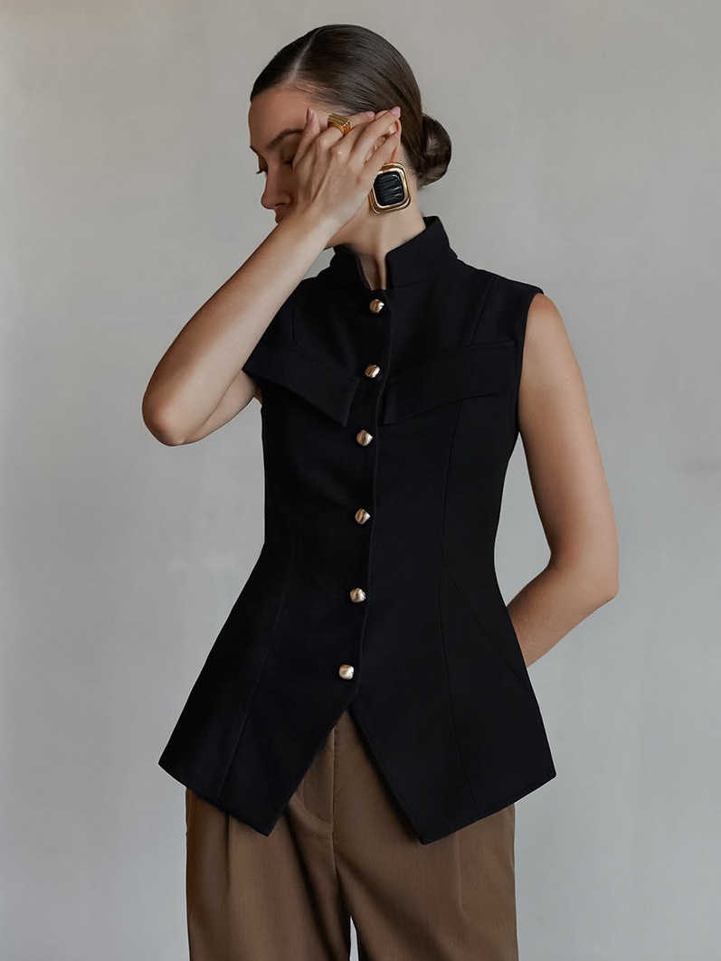 Débardeur péplum sans manches à col montant