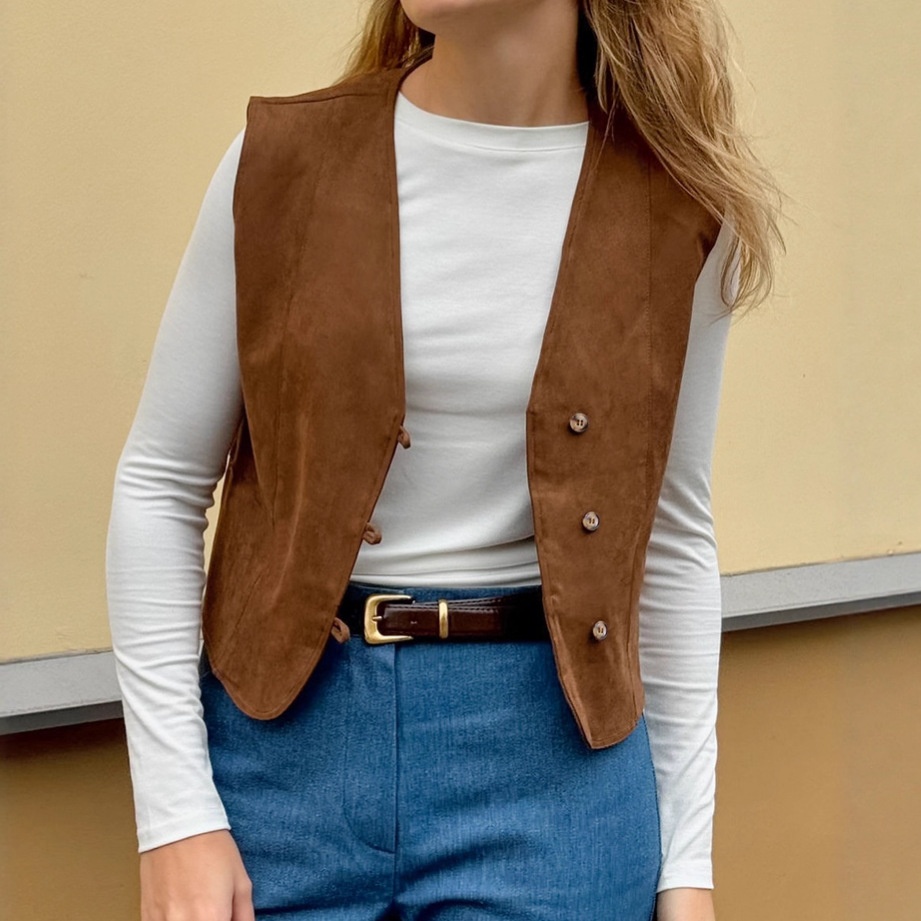 Gilet marron à col en V et boutons sur le devant, aspect daim