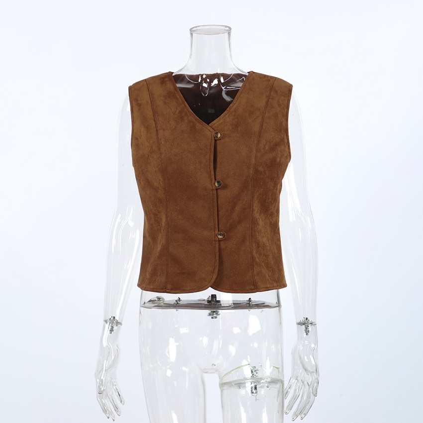 Gilet marron à col en V et boutons sur le devant, aspect daim