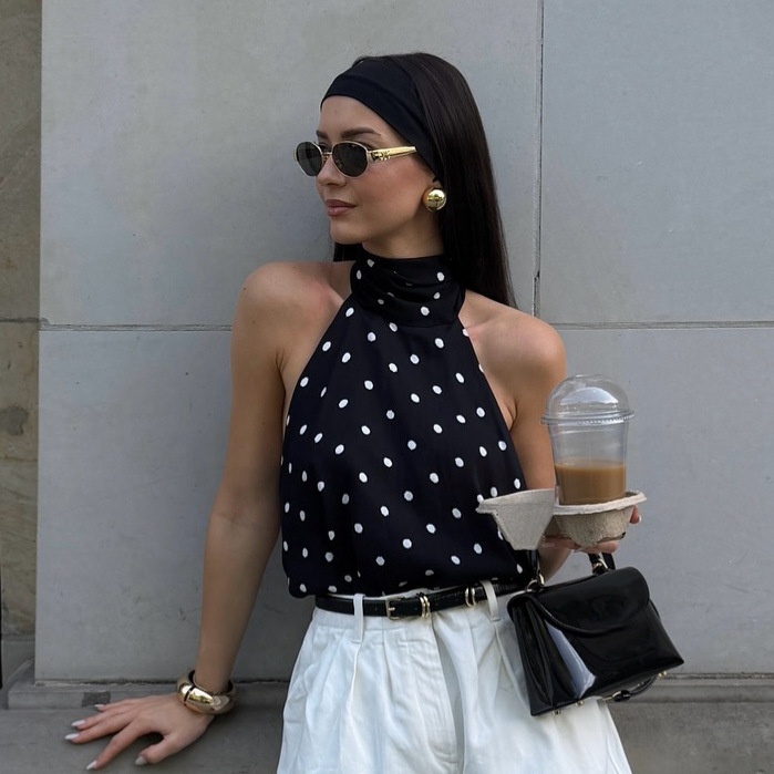 Chemisier à pois, col halter et nœud papillon - Chic et polyvalent