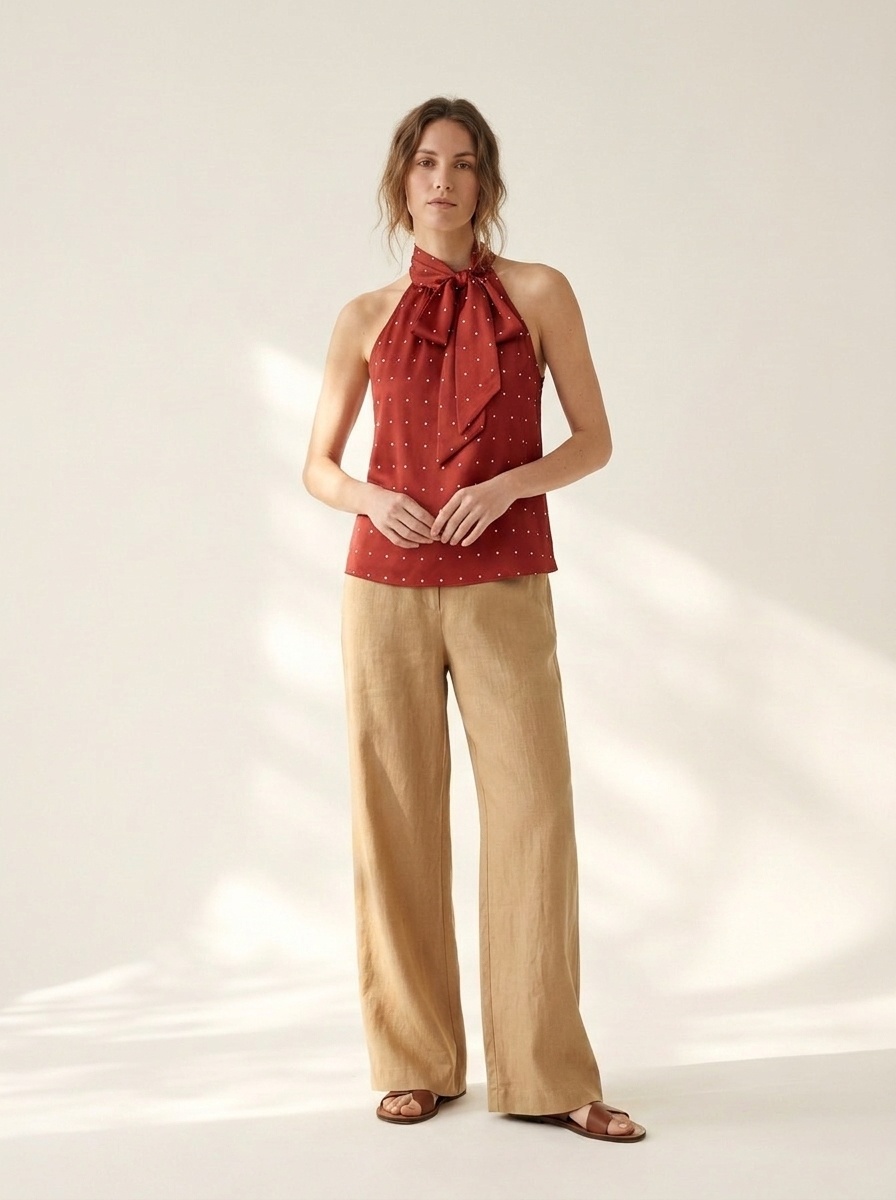 Chemisier à pois, col halter et nœud papillon - Chic et polyvalent