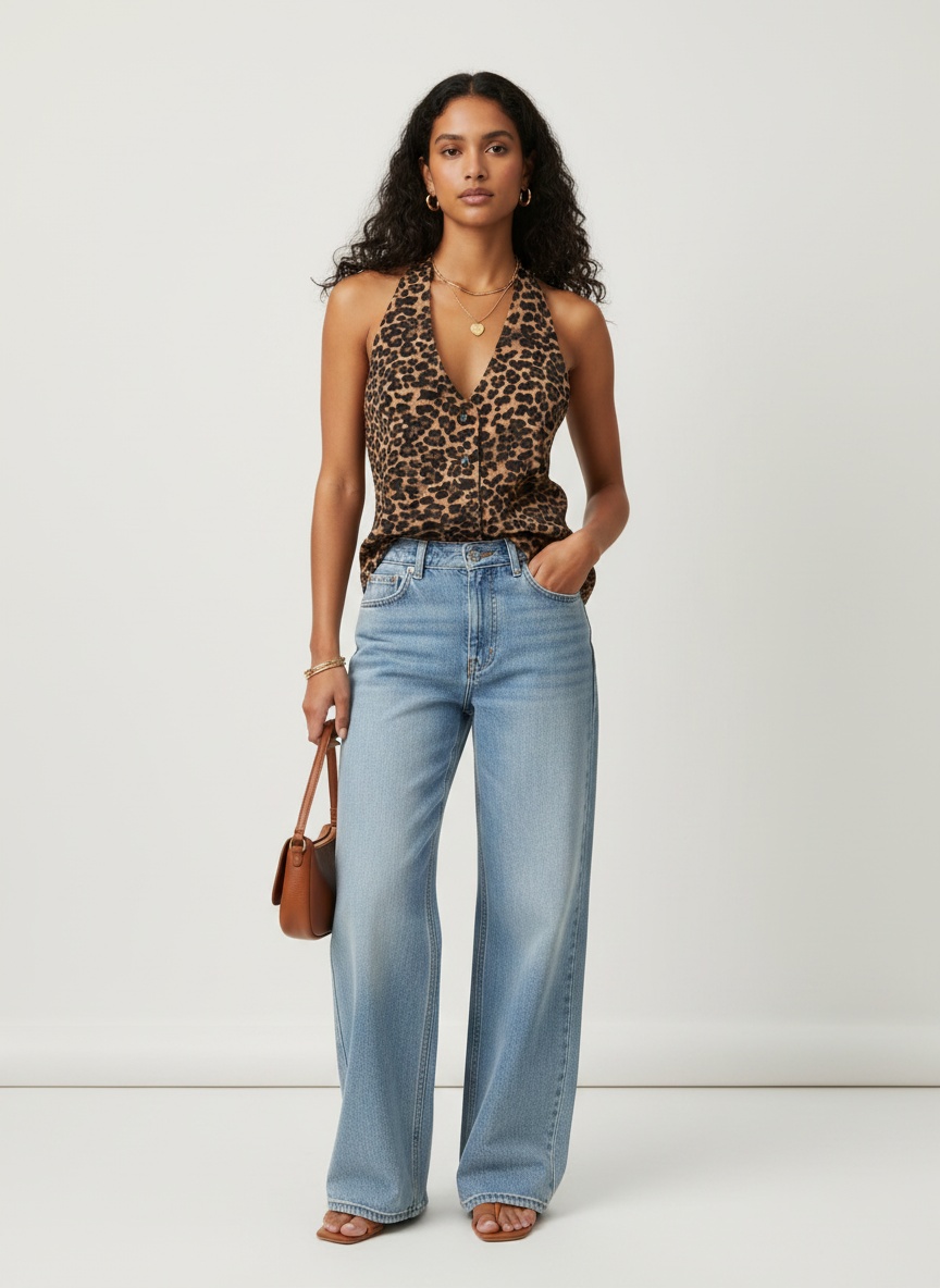 Haut dos nu imprimé léopard - Chemisier boutonné sur le devant