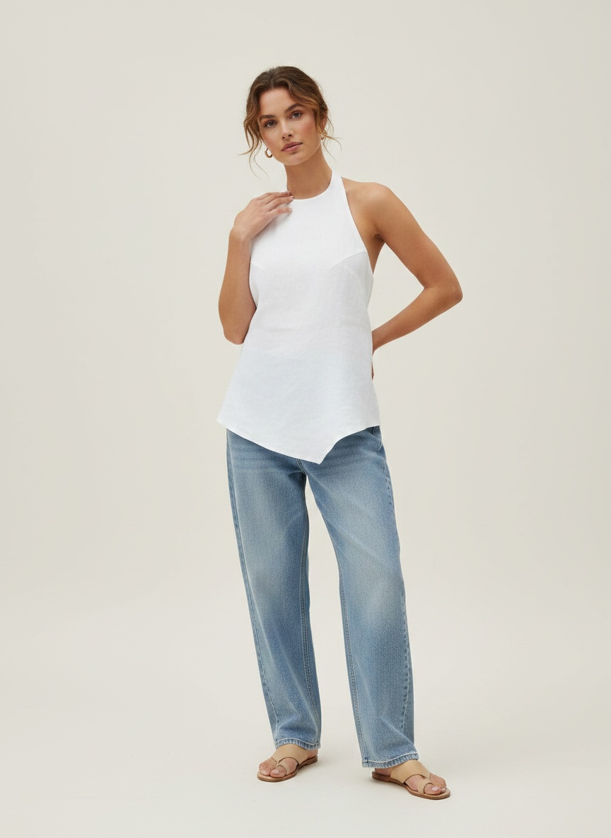 Haut asymétrique à dos nu et bretelles lacées - Mélange chic de lin blanc