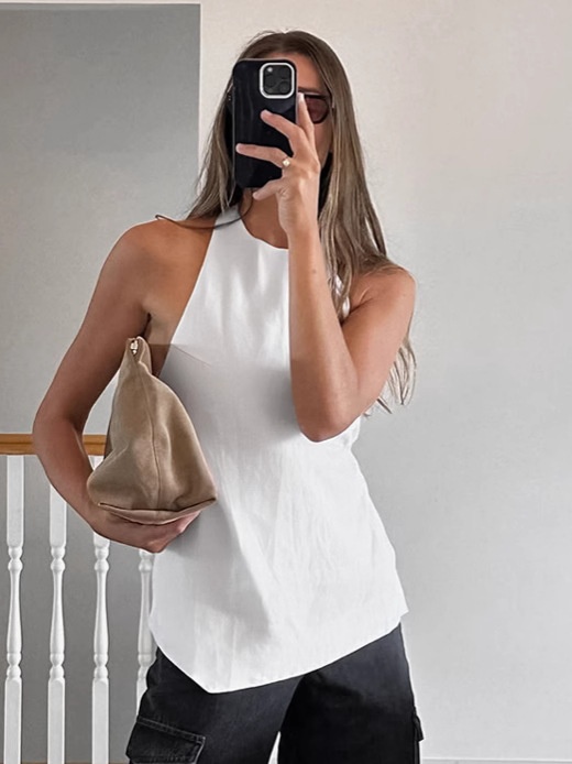 Haut asymétrique à dos nu et bretelles lacées - Mélange chic de lin blanc