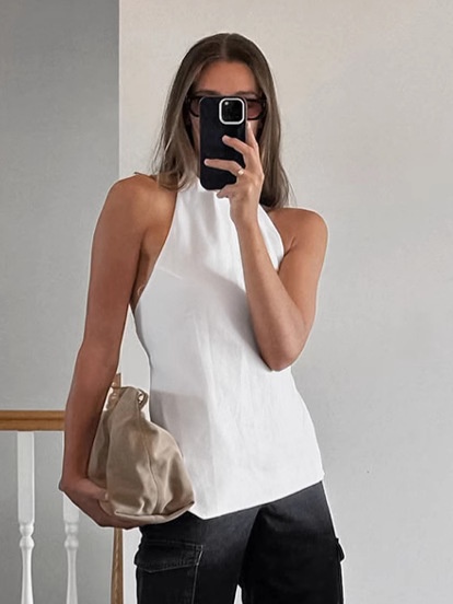 Haut asymétrique à dos nu et bretelles lacées - Mélange chic de lin blanc