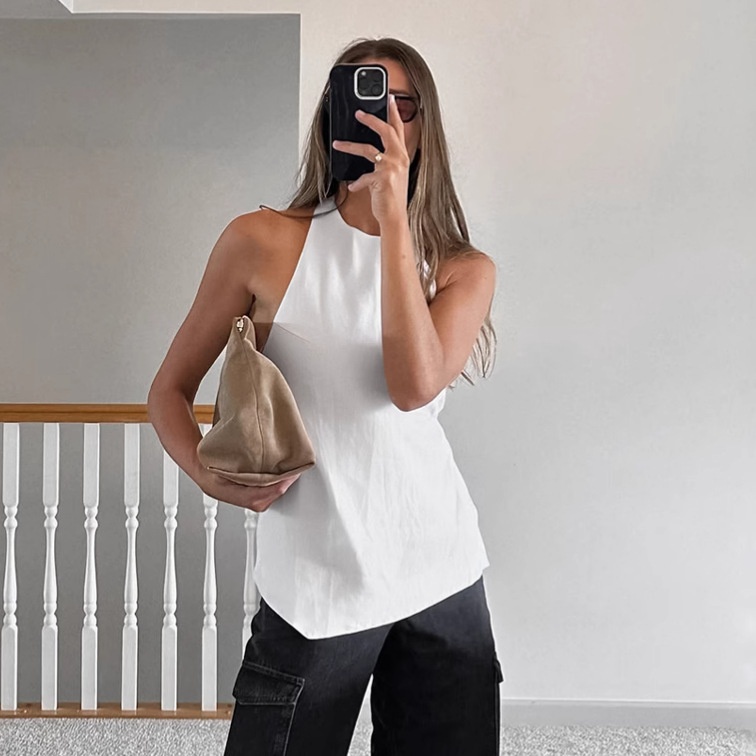 Haut asymétrique à dos nu et bretelles lacées - Mélange chic de lin blanc