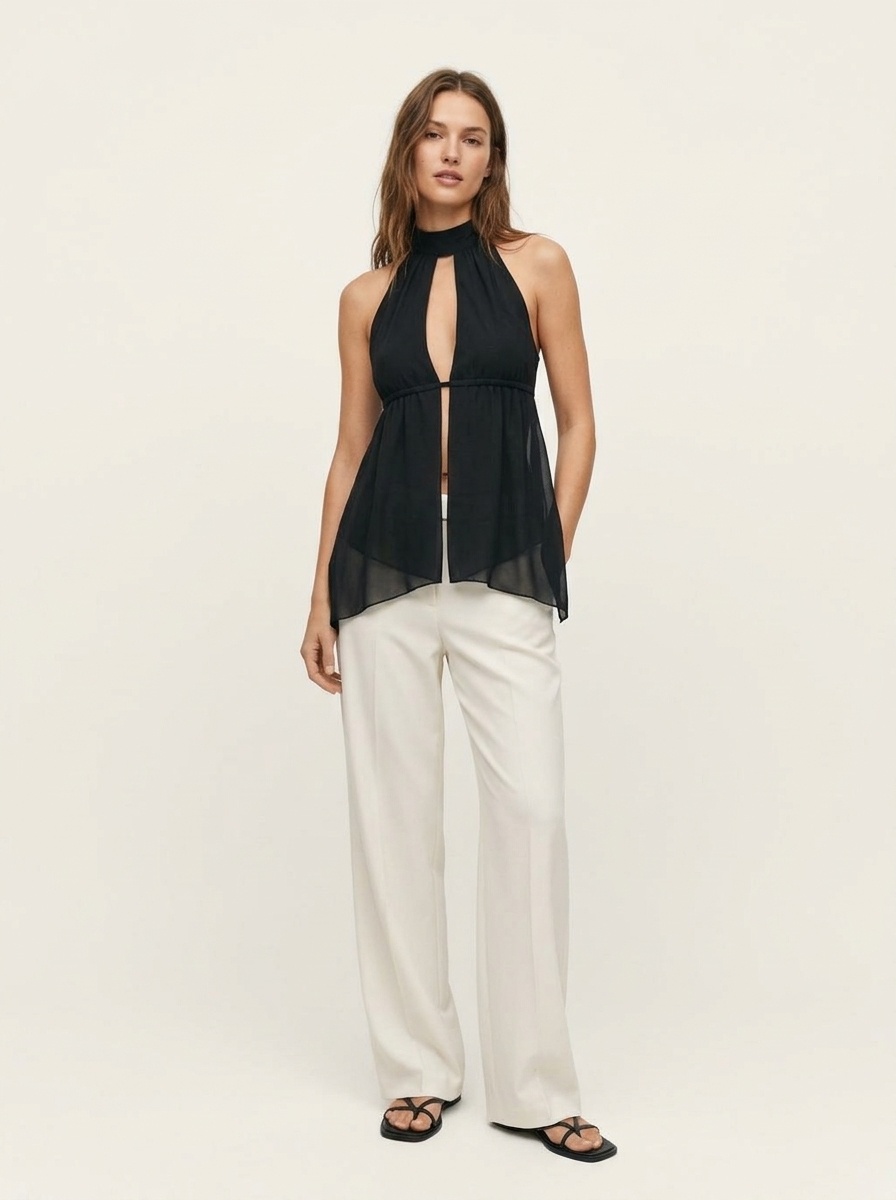 Top da donna in chiffon a strati con scollo all'americana e apertura a goccia