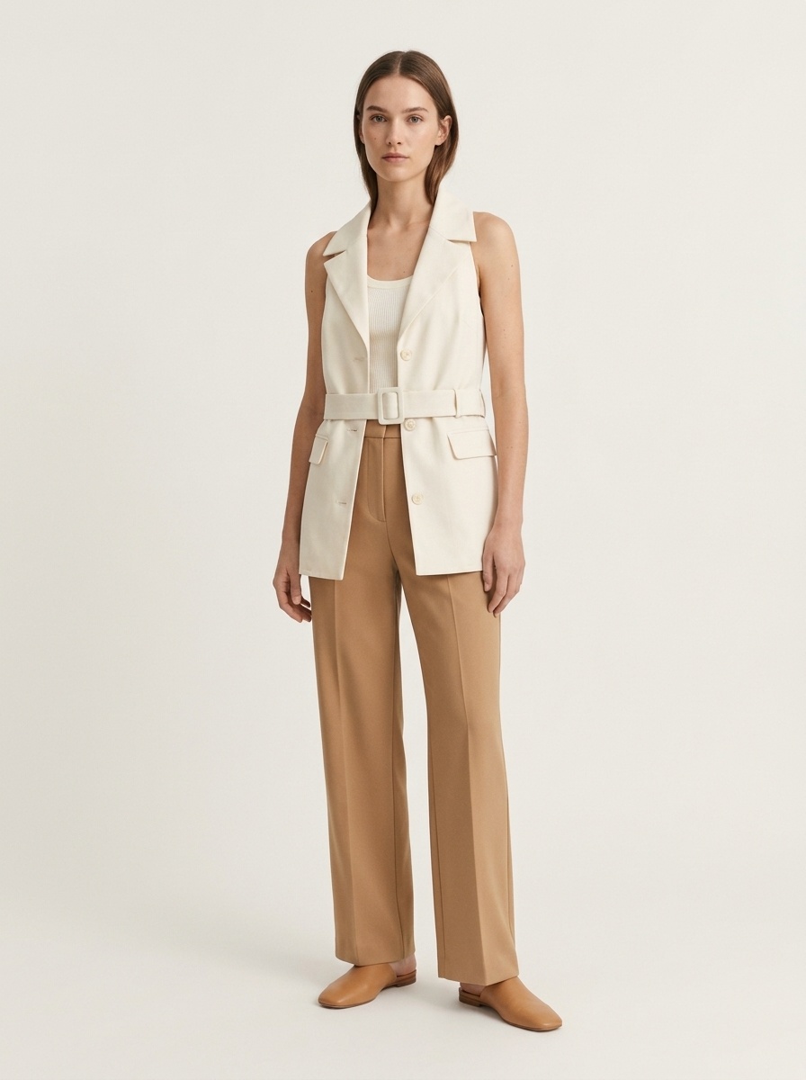 Gilet blazer da donna senza maniche con scollo all'americana e cintura