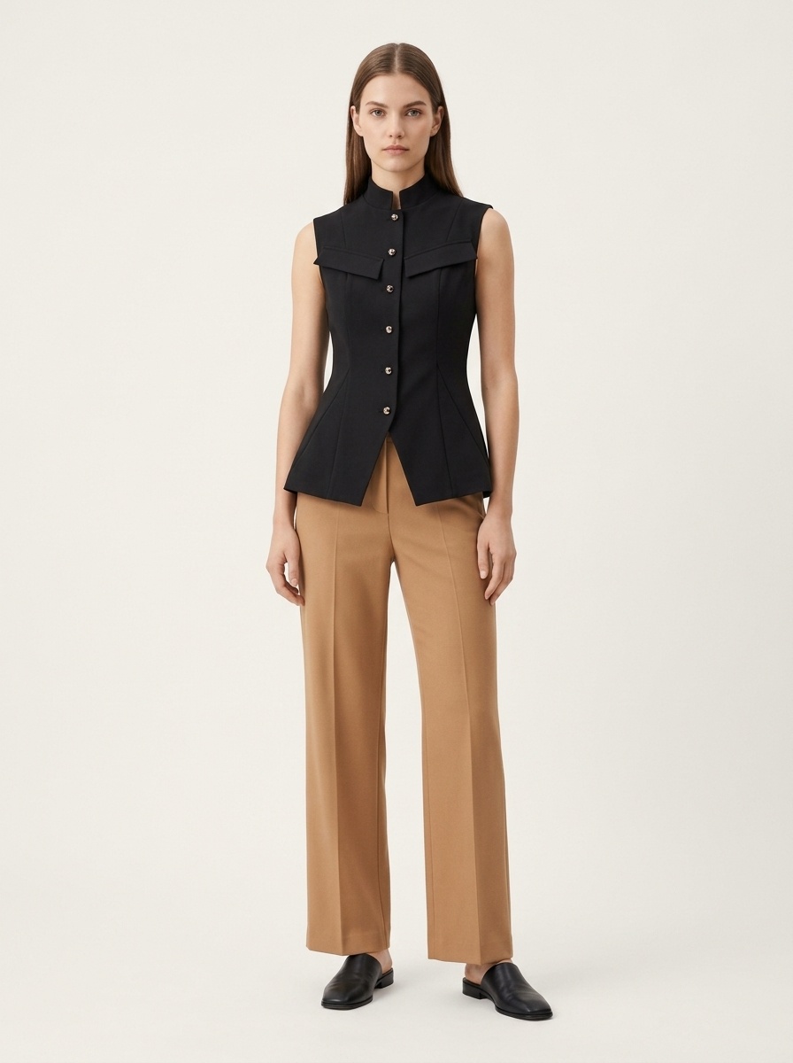 Gilet da donna nero con colletto alto, abbottonatura frontale e baschina