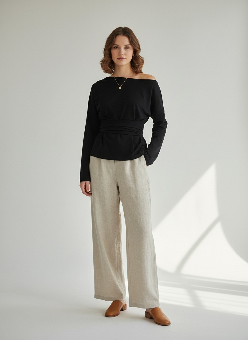 Haut à épaules dénudées, manches longues et taille nouée