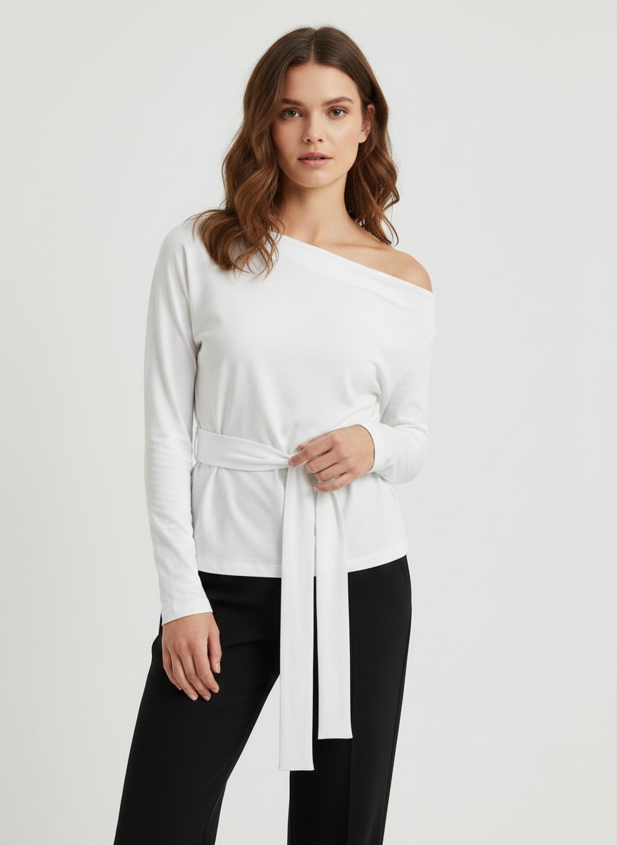 Haut à épaules dénudées, manches longues et taille nouée