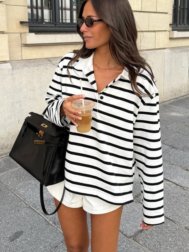 Polo rayé oversize - Haut décontracté à manches longues