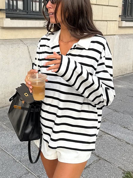 Polo rayé oversize - Haut décontracté à manches longues