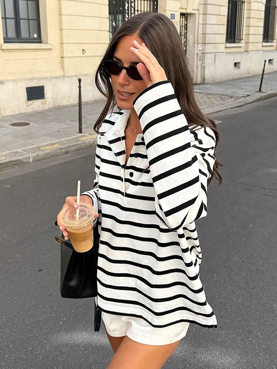 Polo rayé oversize - Haut décontracté à manches longues