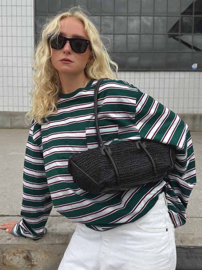 T-shirt oversize à rayures vertes et blanches à manches longues