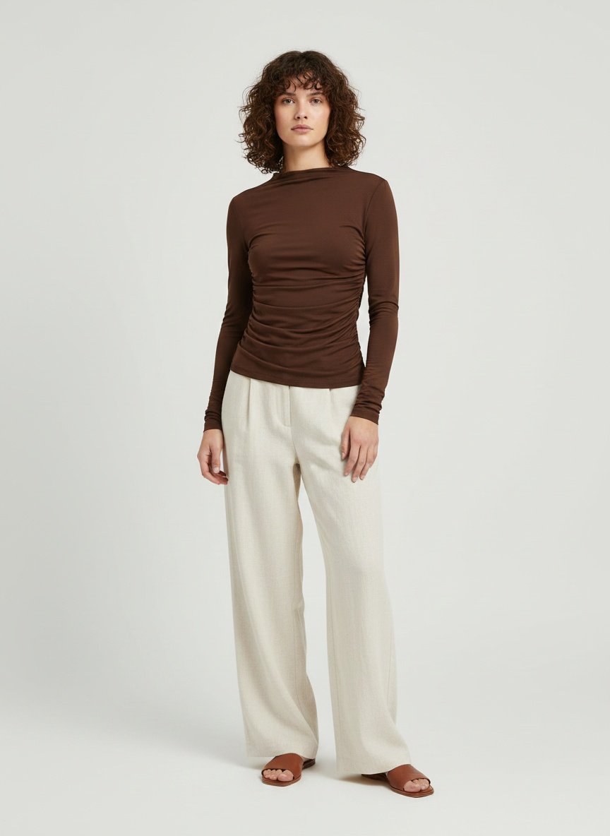 Haut à manches longues froncé marron chocolat