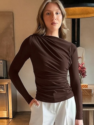 Haut à manches longues froncé marron chocolat