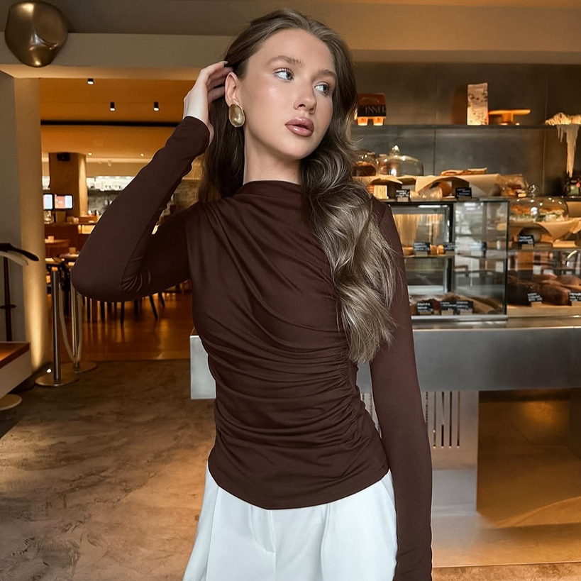 Haut à manches longues froncé marron chocolat