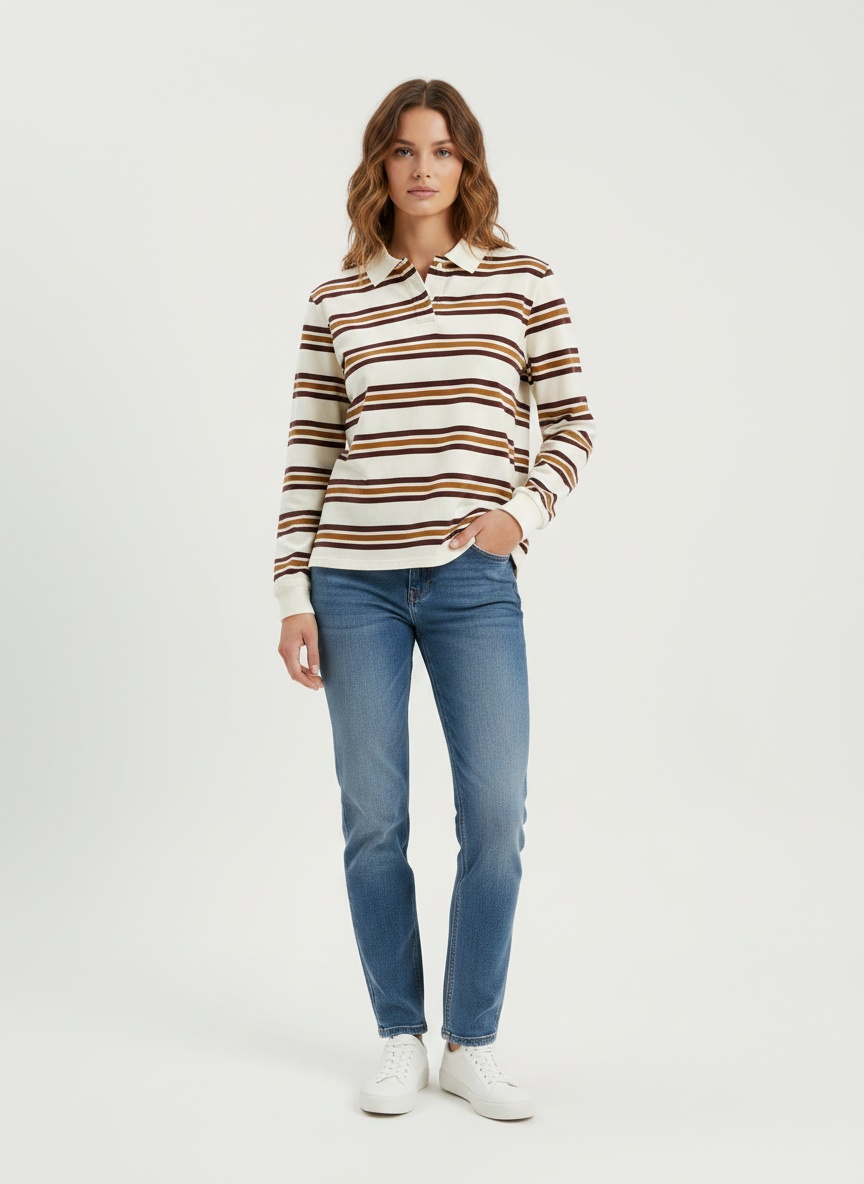 Polo rugby rétro rayé à manches longues pour femme