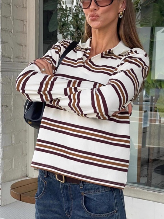 Polo rugby rétro rayé à manches longues pour femme