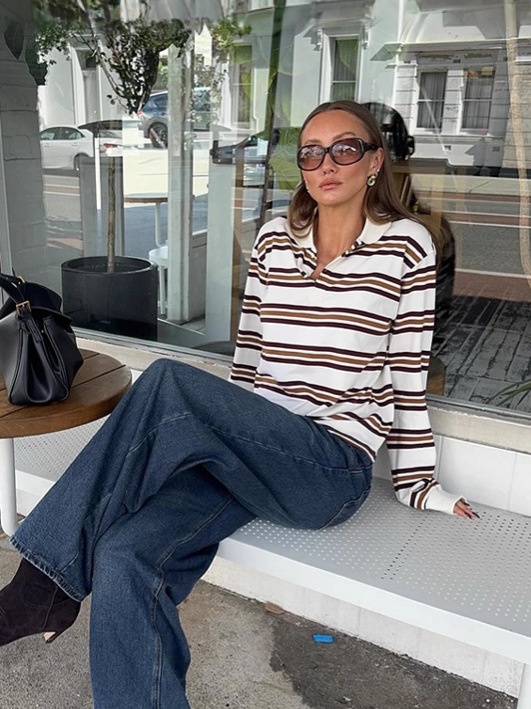 Polo rugby rétro rayé à manches longues pour femme