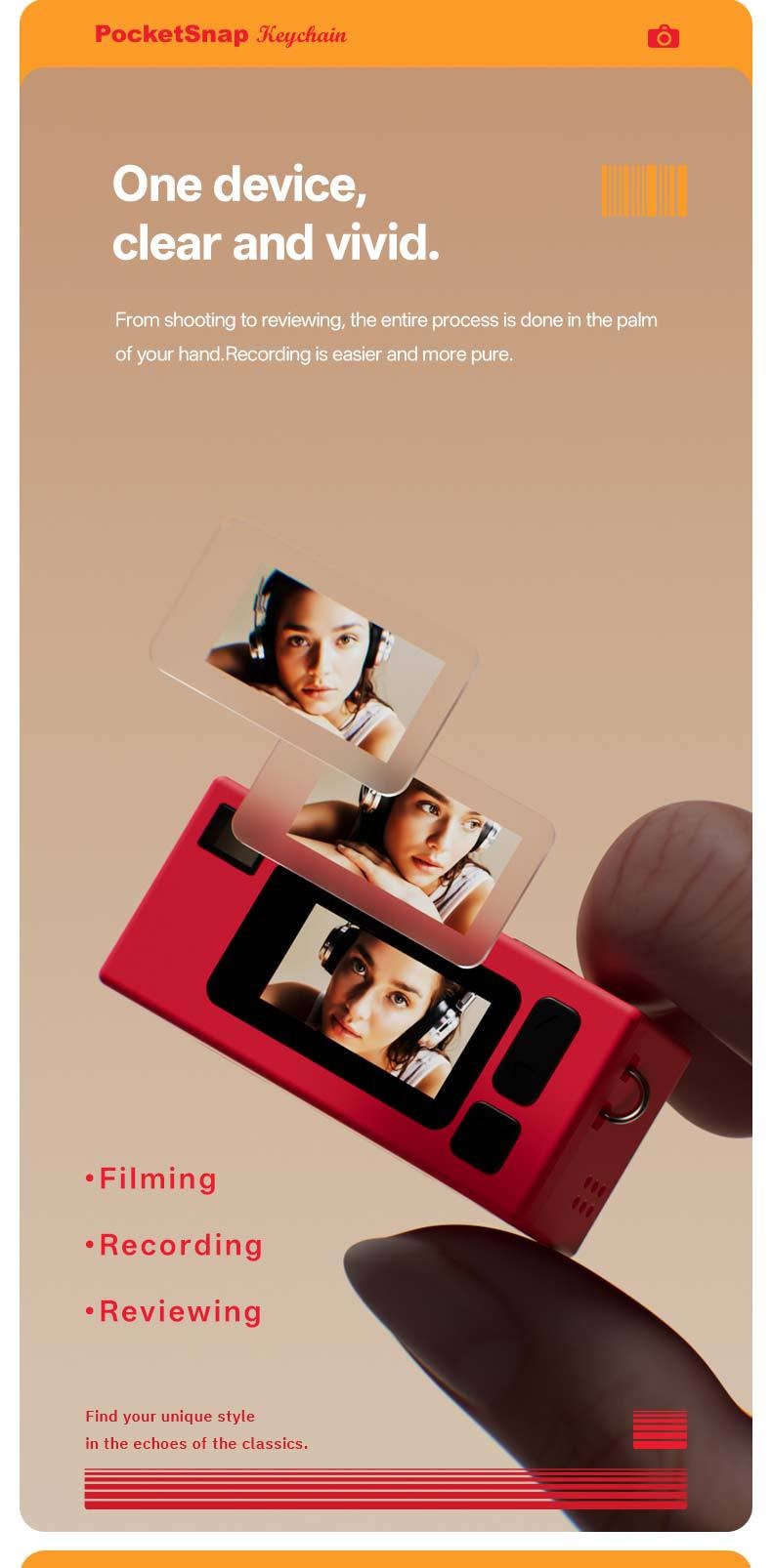 PocketSnap Retro Keychain Mini Digital Camera for Photo & Video, 320mAh Battery, 9 Unique Filters