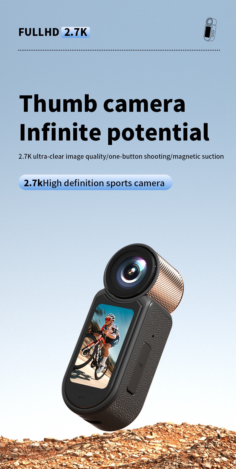 2.7K HD Thumb Camera Magnetic Portable Sports Vlogging Camcorder, 1.47-Inch Screen, One-Click Shooting