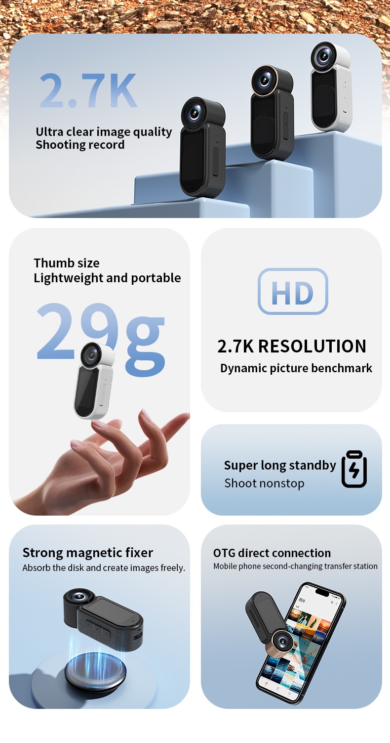 2.7K HD Thumb Camera Magnetic Portable Sports Vlogging Camcorder, 1.47-Inch Screen, One-Click Shooting