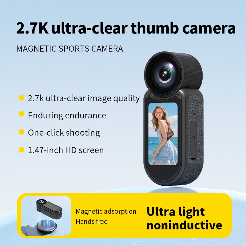 2.7K HD Thumb Camera Magnetic Portable Sports Vlogging Camcorder, 1.47-Inch Screen, One-Click Shooting