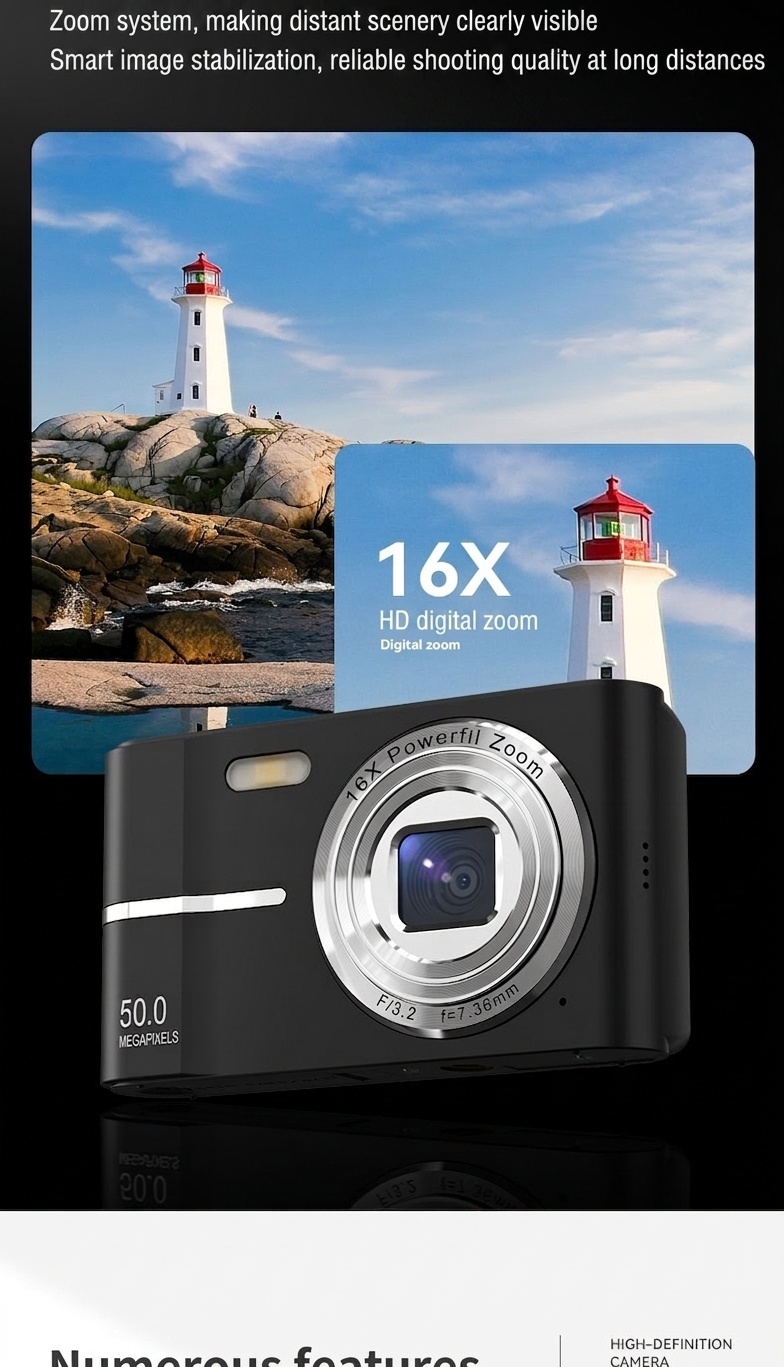 50MP 4K Digital Camera with 16X Digital Zoom, Autofocus, Compact Portable Design
