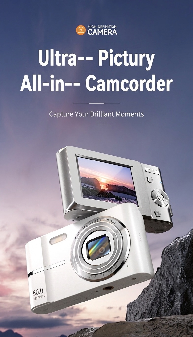 50MP 4K Digital Camera with 16X Digital Zoom, Autofocus, Compact Portable Design